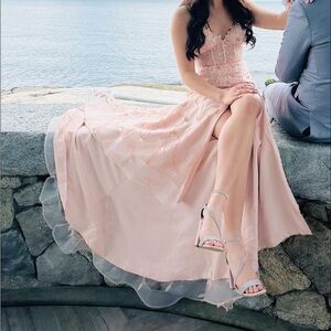 baby pink corset mermaid prom dress